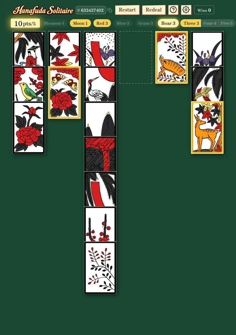 The board just after forming Boar-Deer-Butterfly, with its cards and chip glowing gold