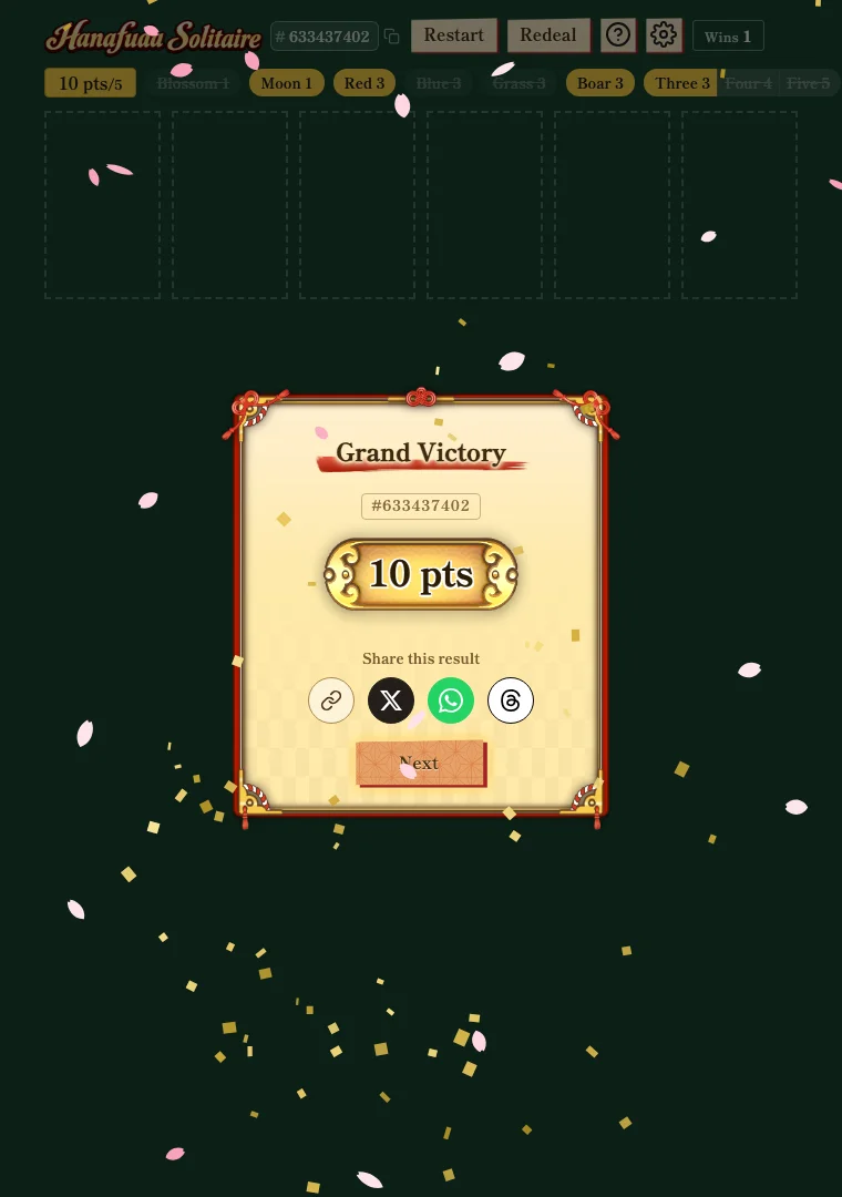 The victory screen after clearing the board